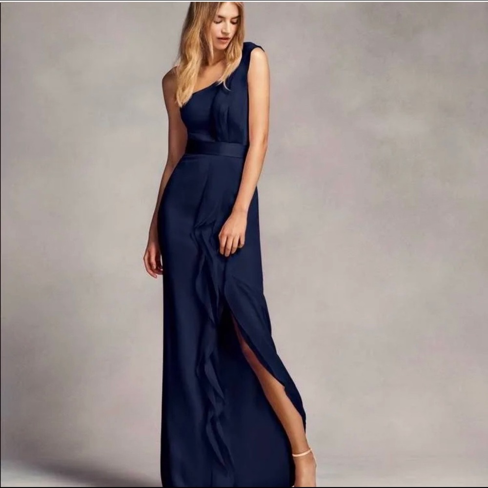 White by Vera Wang Long One-Shoulder Bridesmaid Dress with Ruffles